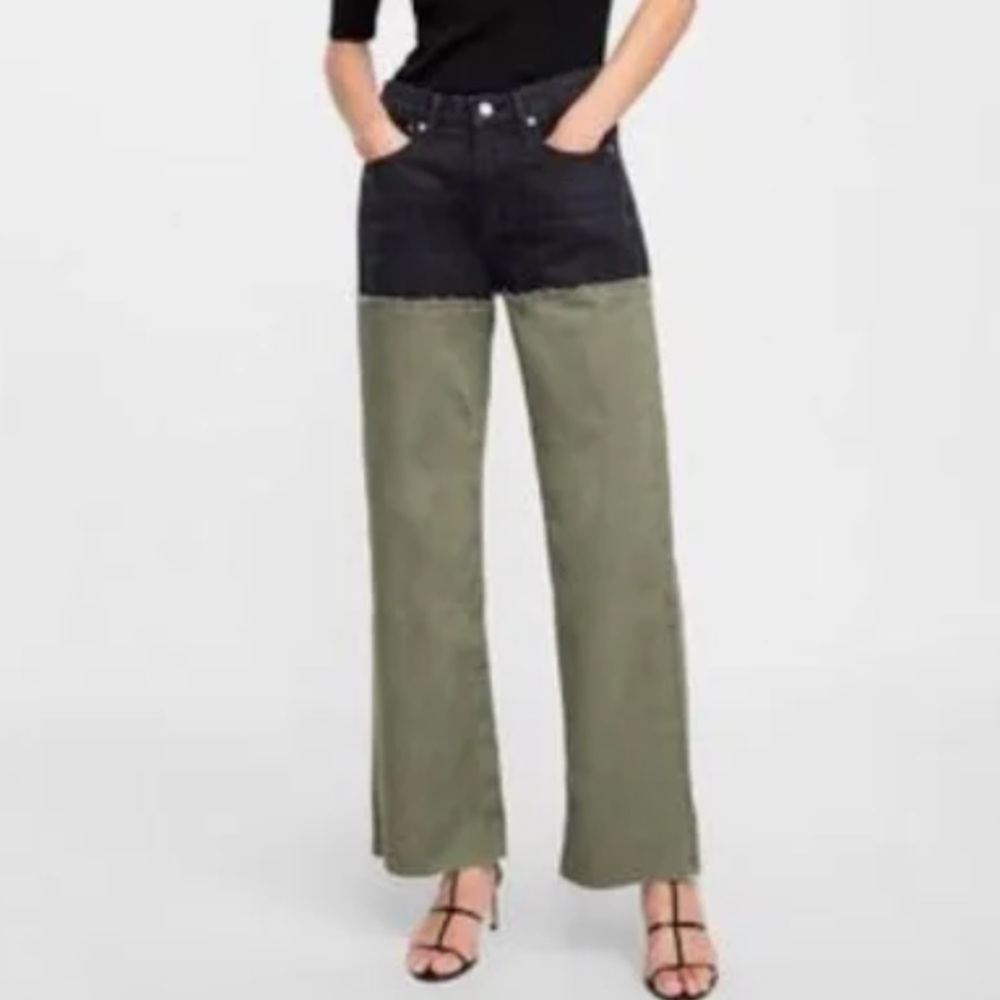 ZARA Women Premium Denim Collection City Worker Black & Green Frayed Hems Pants